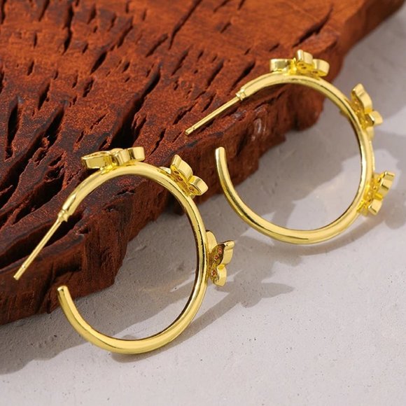 New 18K Gold Plated Diamond Butterfly Round Hoop Earrings - Picture 5 of 6